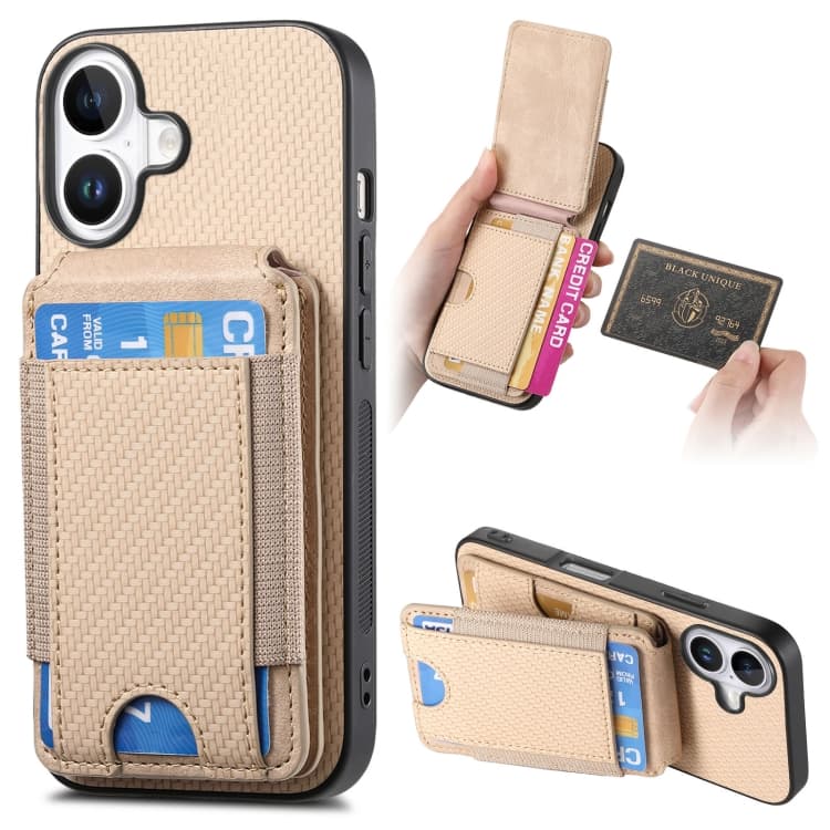 For iPhone 16 Carbon Fiber Vertical Flip Wallet Stand Phone Case(Khaki) - Immagine 1
