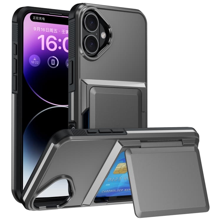 For iPhone 16 Card Slot Holder Phone Case(Grey) - Immagine 1