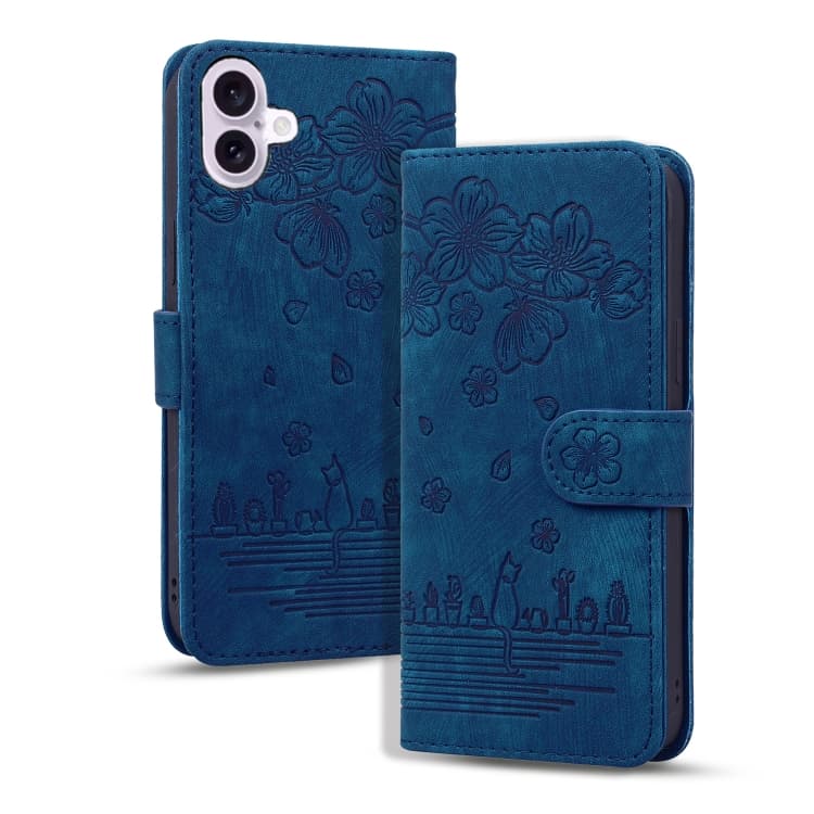 For iPhone 16 Cartoon Sakura Cat Embossed Leather Phone Case(Royal Blue) - Immagine 1