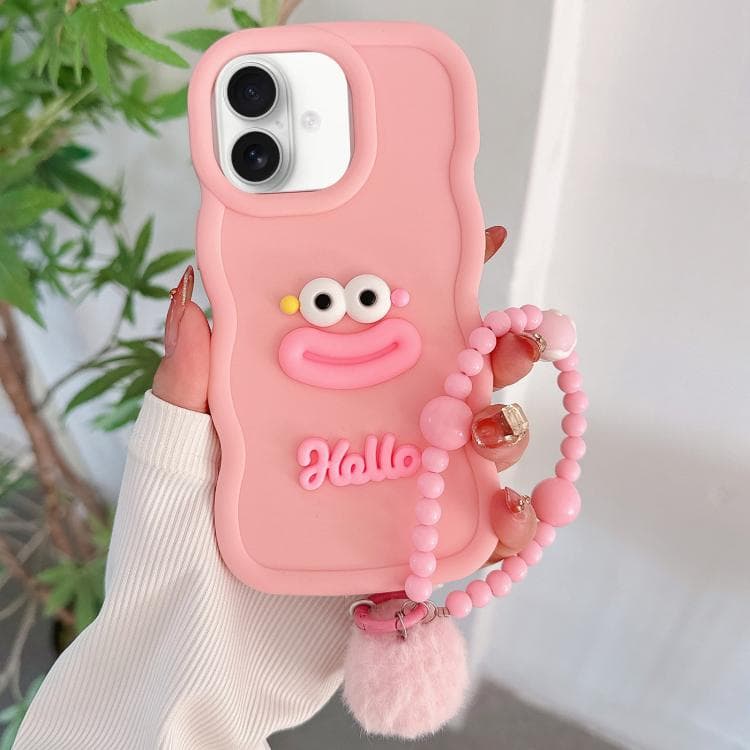 For iPhone 16 Cartoon Sausage Mouth TPU Phone Case with Bead Chain(Pink) - Immagine 1