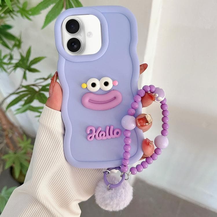For iPhone 16 Cartoon Sausage Mouth TPU Phone Case with Bead Chain(Purple) - Immagine 1