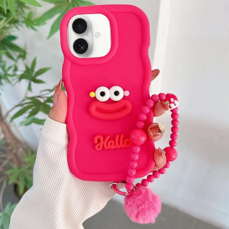 For iPhone 16 Cartoon Sausage Mouth TPU Phone Case with Bead Chain(Red) - Immagine 1