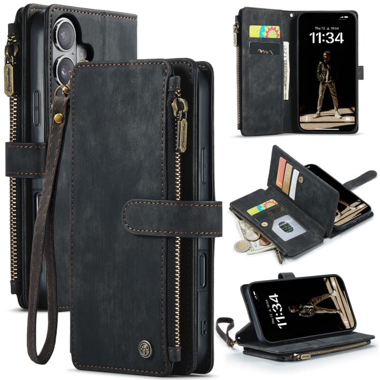 For iPhone 16 CaseMe C30 Card Slots Zipper Wallet Leather Phone Case(Black) - Immagine 1