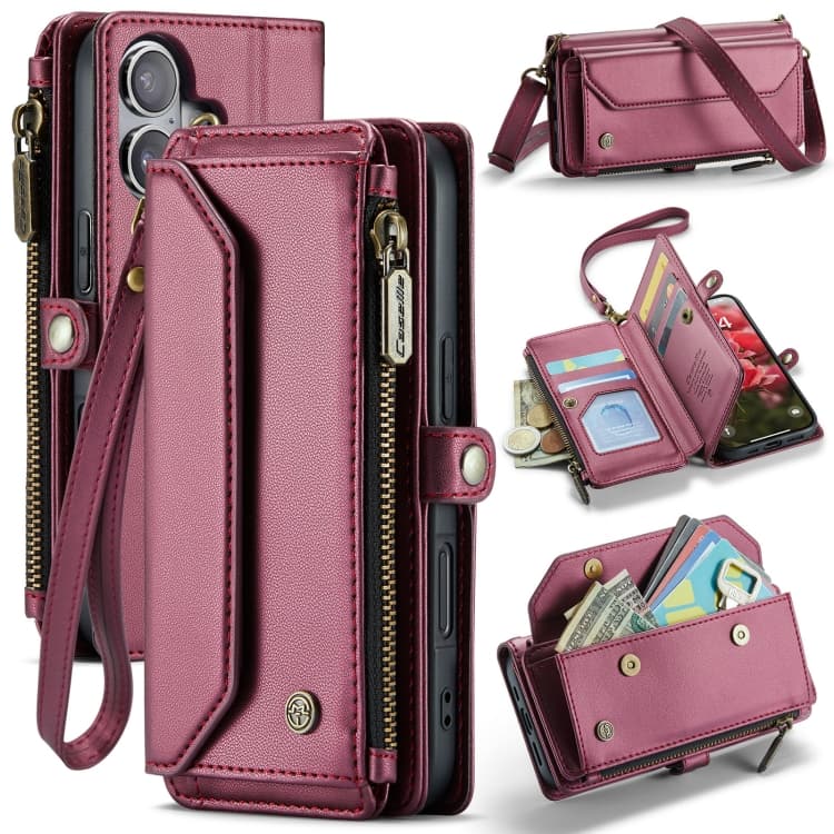For iPhone 16 CaseMe C36 Card Slots Zipper Wallet RFID Anti-theft Leather Phone Case(Red) - Immagine 1