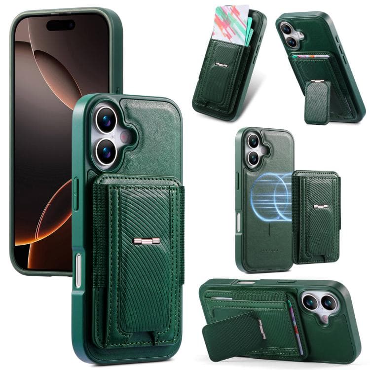 For iPhone 16 CaseNeo Fold Holder Retro Elastic Card Bag Magnetic Back Phone Case(Green) - Immagine 1