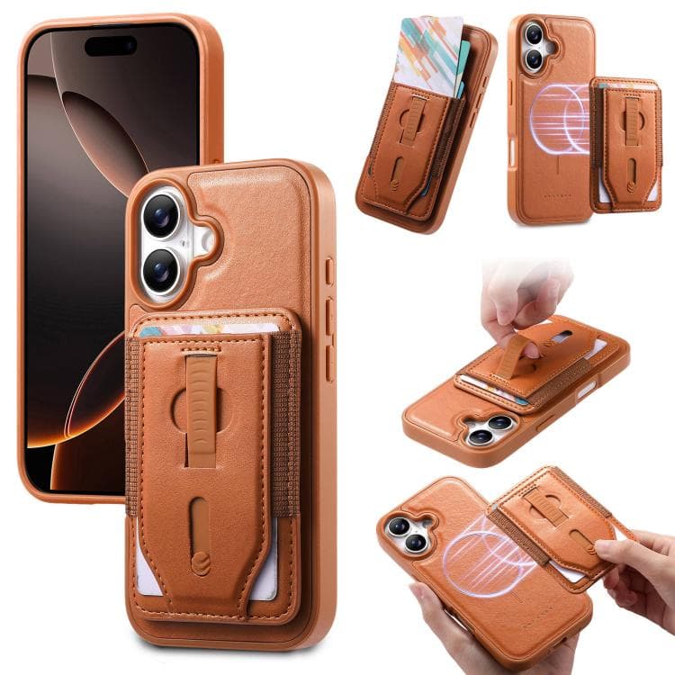 For iPhone 16 CaseNeo Retro Wristband Elastic Card Bag Magnetic Back Phone Case(Brown) - Immagine 1