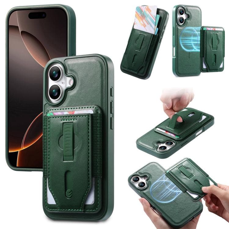 For iPhone 16 CaseNeo Retro Wristband Elastic Card Bag Magnetic Back Phone Case(Green) - Immagine 1