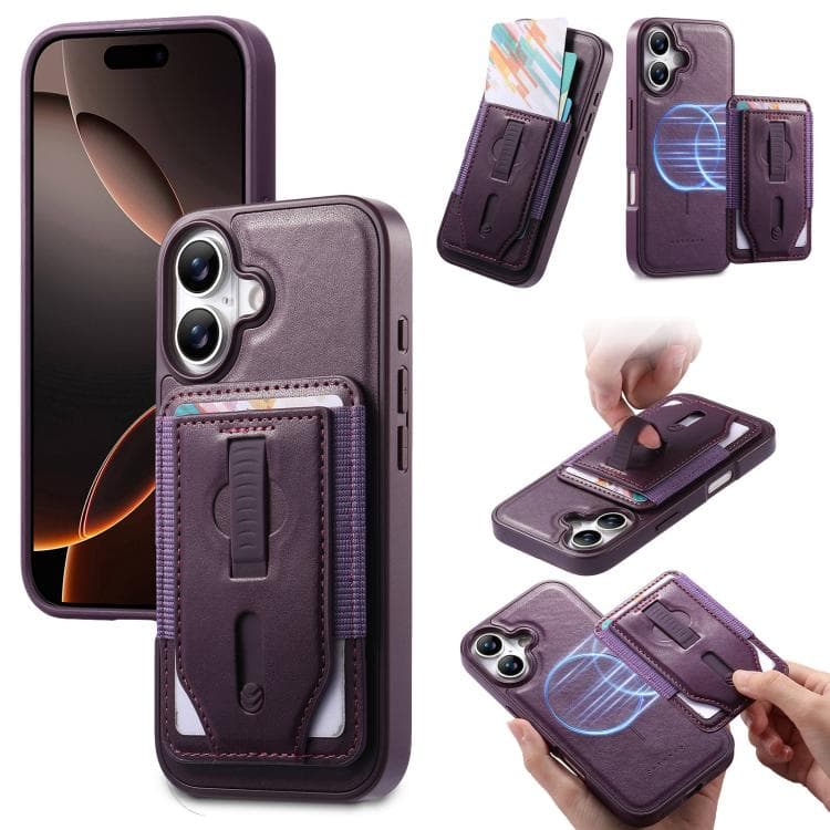 For iPhone 16 CaseNeo Retro Wristband Elastic Card Bag Magnetic Back Phone Case(Purple) - Immagine 1