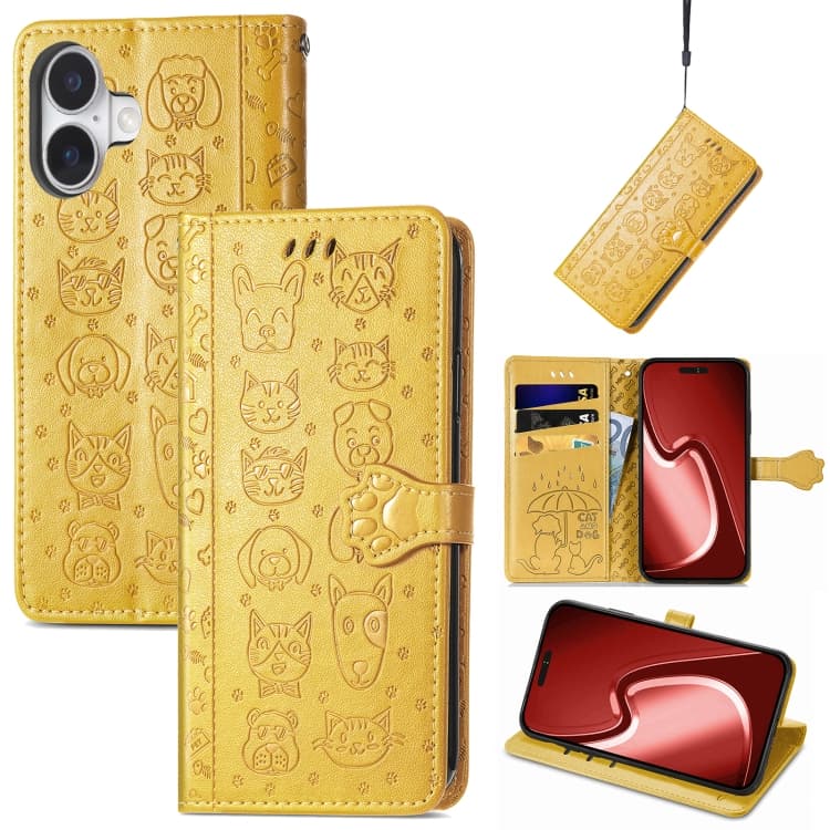 For iPhone 16 Cat and Dog Embossed Leather Phone Case(Yellow) - Immagine 1