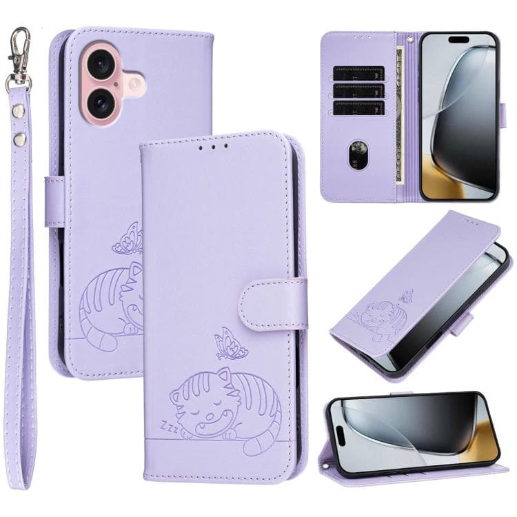 For iPhone 16 Cat Butterfly Embossed RFID Vegan Leather Phone Case with Strap(Light Purple) - Immagine 1