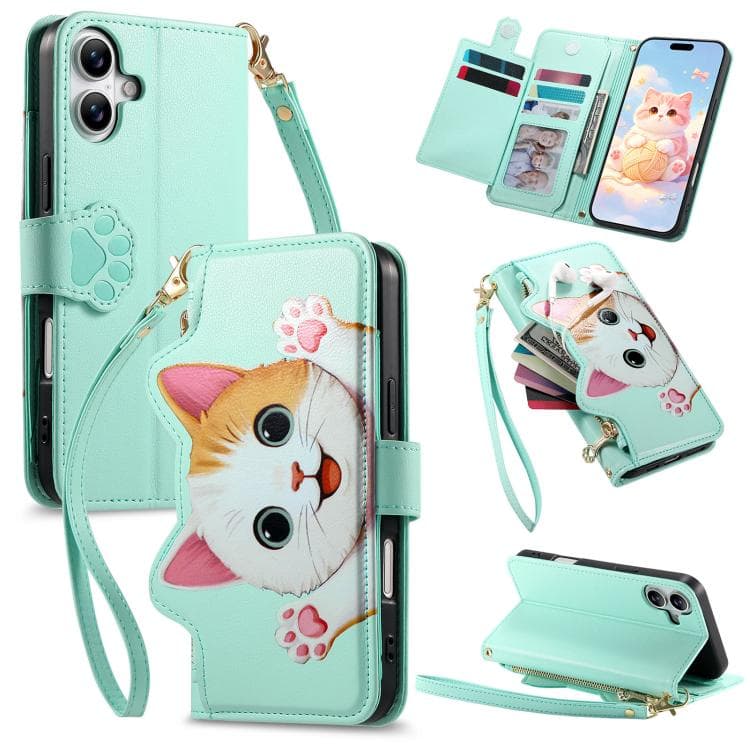 For iPhone 16 Cat-shaped Zipper Wallet Vegan Leather Phone Case with Strap(Green) - Immagine 1