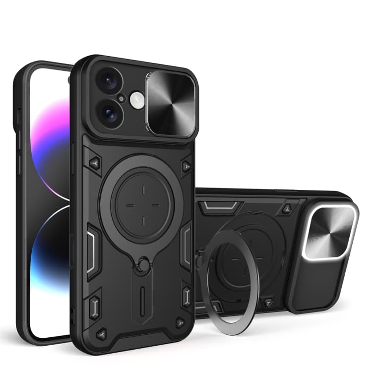 Custodia per iPhone 16 con texture CD, scorrevole, con supporto magnetico per fotocamera (Nero) - Immagine 1