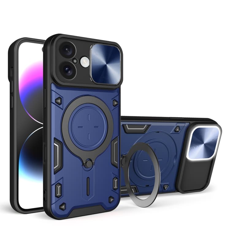 Custodia per iPhone 16 con texture CD, scorrevole, con supporto magnetico per fotocamera (Blu) - Immagine 1