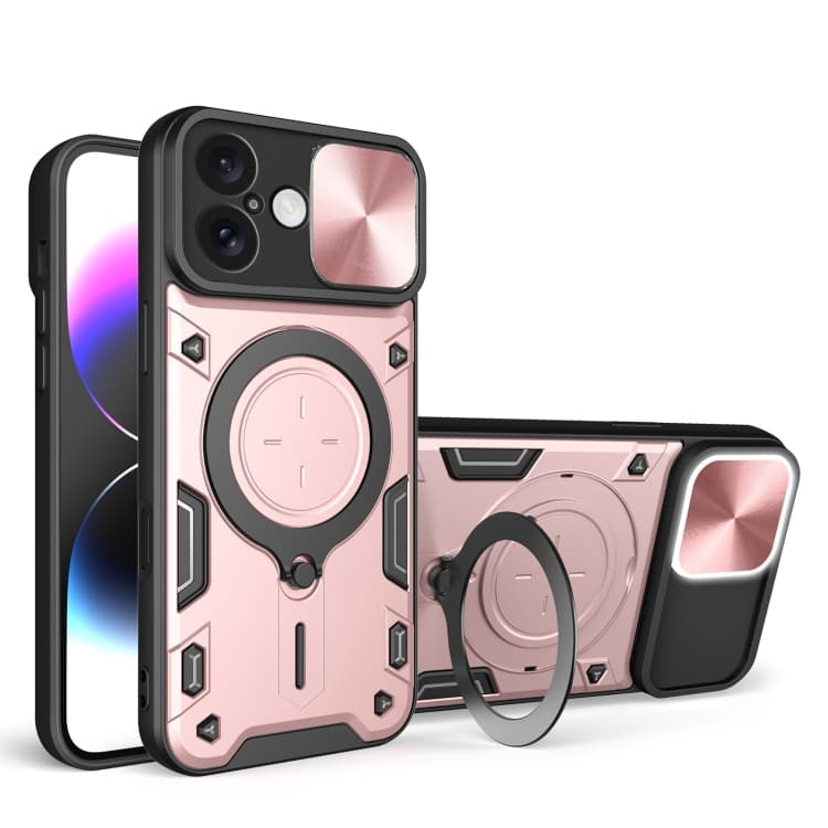 Custodia per iPhone 16 con texture CD, scorrevole, con supporto magnetico per fotocamera (Rosa) - Immagine 1