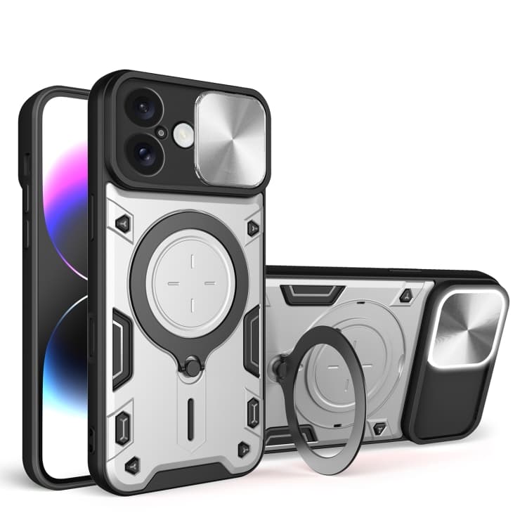 Custodia per iPhone 16 con texture CD, scorrevole, con supporto magnetico per fotocamera (Argento) - Immagine 1