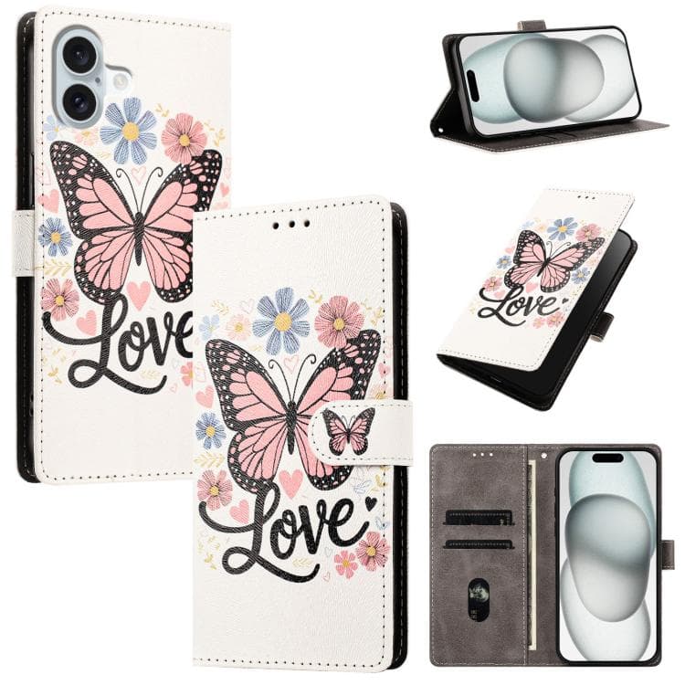 For iPhone 16 CH002 Colored Drawing Buckle Clasp Vegan Leather Phone Case(Pink Butterflies) - Immagine 1