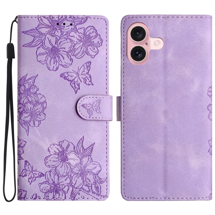 For iPhone 16 Cherry Blossom Butterfly Skin Feel Embossed PU Phone Case(Purple) - Immagine 1