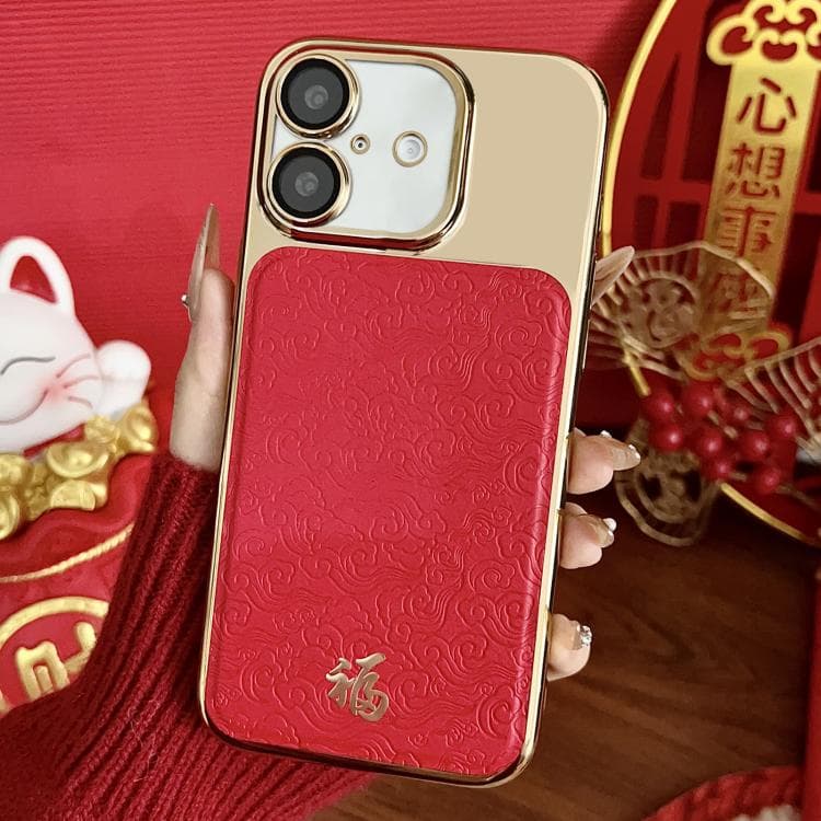 For iPhone 16 Chinese Ancient Style Fu Electroplated Phone Case with Lens Film(Red) - Immagine 1
