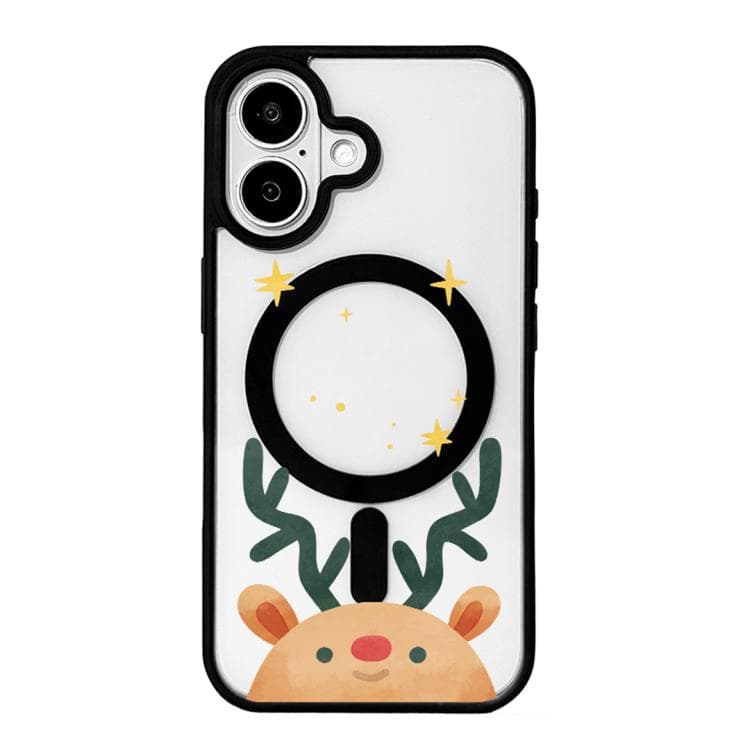 For iPhone 16 Christmas Series Strong Magnetic Painted Black Edge Phone Case(Deer Head Series) - Immagine 1