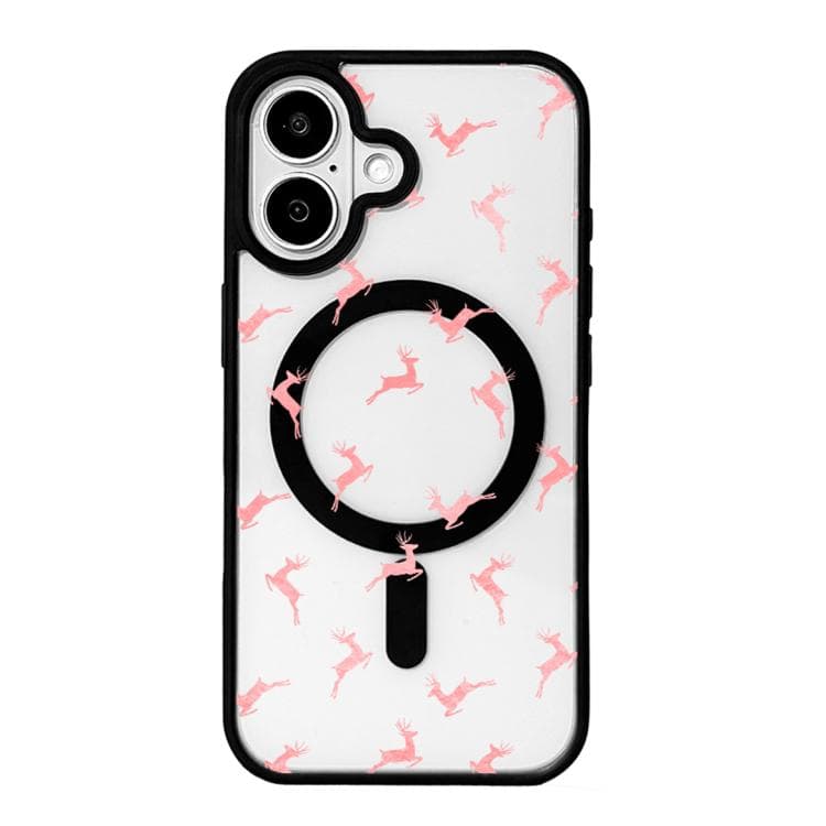 For iPhone 16 Christmas Series Strong Magnetic Painted Black Edge Phone Case(Pink Reindeer Leaping) - Immagine 1