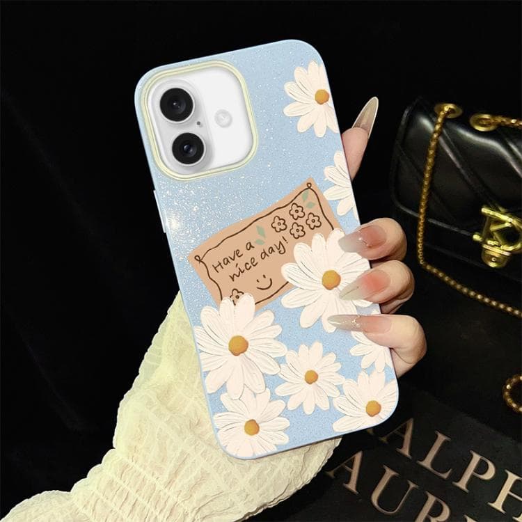 For iPhone 16 Chrysanthemum Pattern IMD Glitter PC Hybrid TPU Phone Case(Blue) - Immagine 1