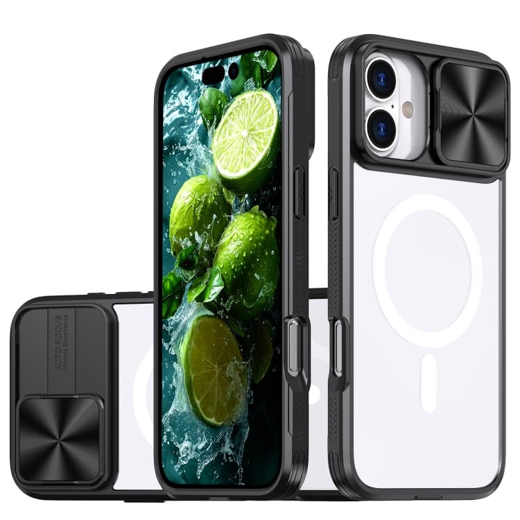 For iPhone 16 Clear Acrylic + PC + TPU MagSafe Lens Sliding Cover Full Coverage Phone Case(Black) - Immagine 1
