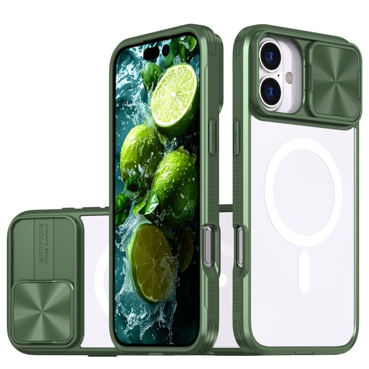 For iPhone 16 Clear Acrylic + PC + TPU MagSafe Lens Sliding Cover Full Coverage Phone Case(Olive Green) - Immagine 1
