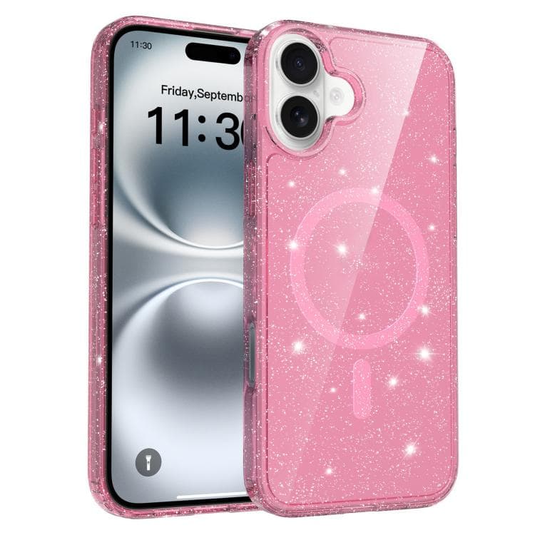 For iPhone 16 Clear Glitter Magnetic PC Hybrid TPU Phone Case(Pink) - Immagine 1
