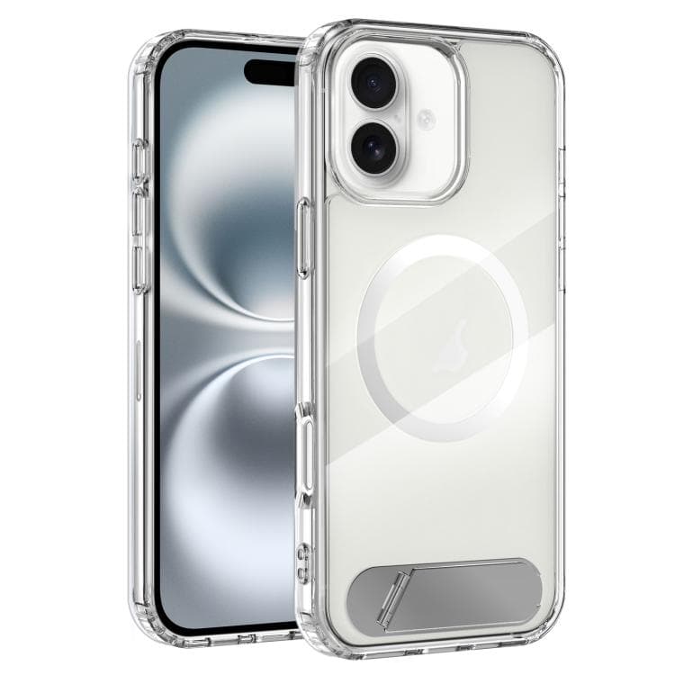 For iPhone 16 Clear PC Hybrid TPU MagSafe Phone Case with Holder(White) - Immagine 1