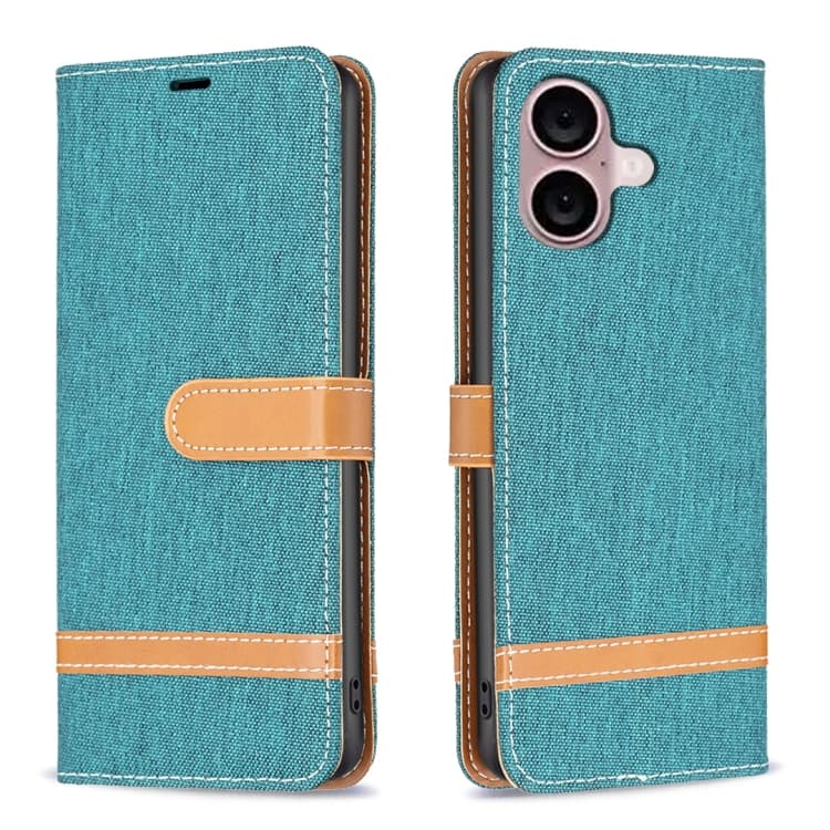 For iPhone 16 Color Block Denim Texture Leather Phone Case(Green) - Immagine 1