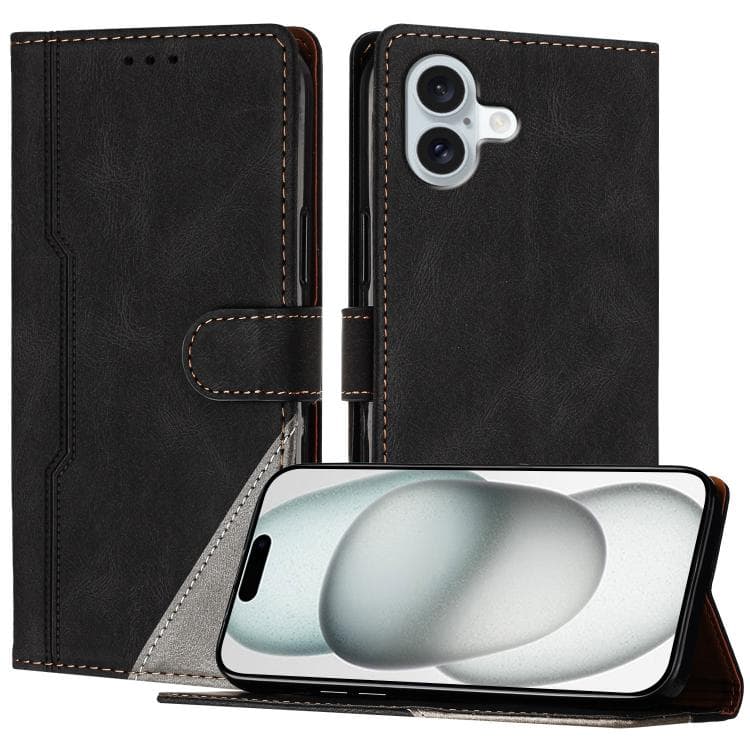 For iPhone 16 Color Matching Buckle Clasp Vegan Leather Phone Case(Black) - Immagine 1