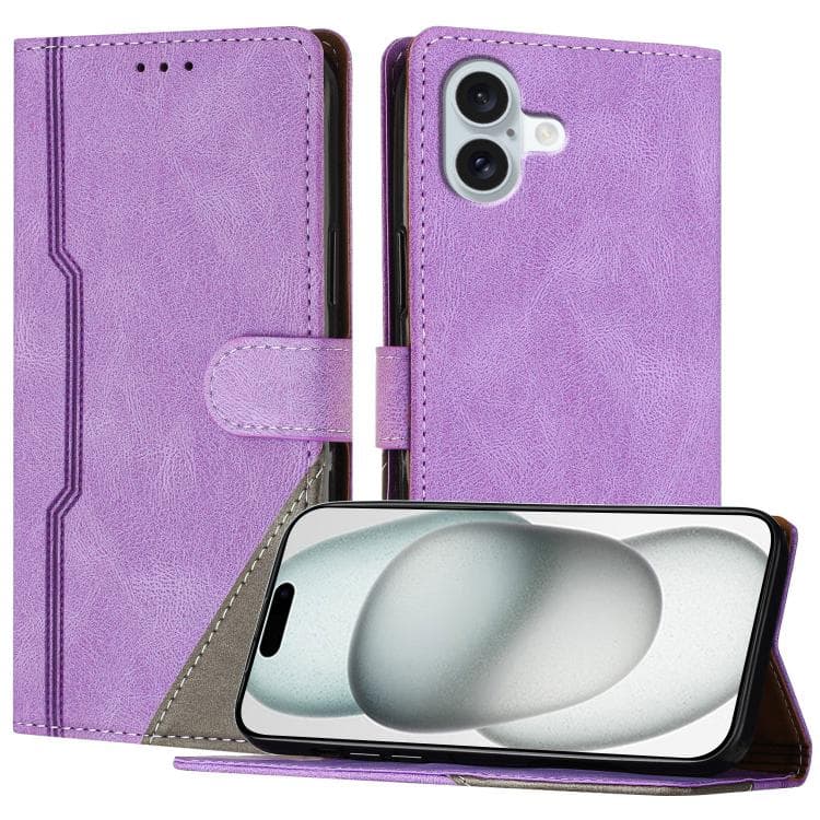For iPhone 16 Color Matching Buckle Clasp Vegan Leather Phone Case(Purple) - Immagine 1