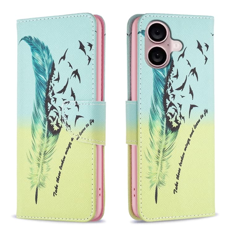 For iPhone 16 Colored Drawing Pattern Leather Phone Case(Feather) - Immagine 1
