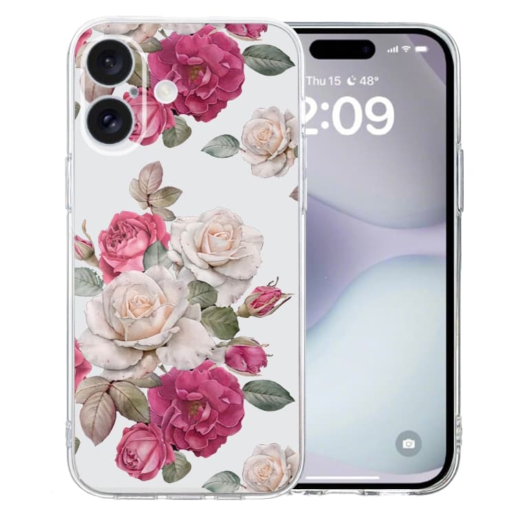 For iPhone 16 Colored Drawing Pattern Transparent TPU Phone Case(Peony) - Immagine 1