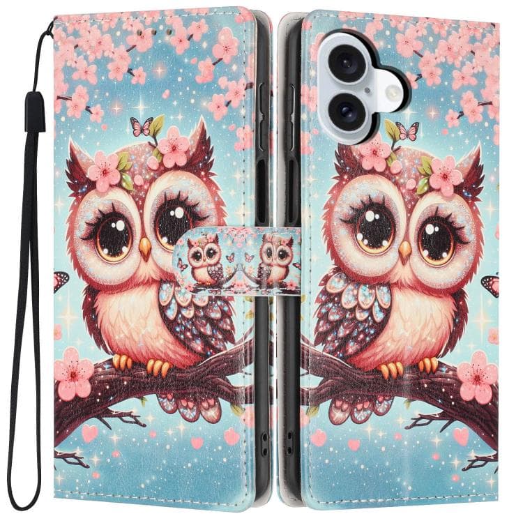 For iPhone 16 Colorful Painting Vegan Leather Phone Case with Lanyard(Cherry Blossom Owl) - Immagine 1