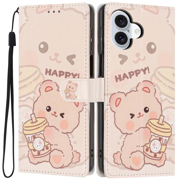 For iPhone 16 Colorful Painting Vegan Leather Phone Case with Lanyard(Milk Tea Bear) - Immagine 1