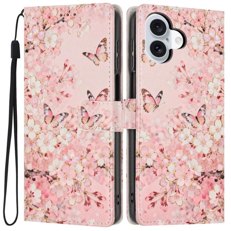 For iPhone 16 Colorful Painting Vegan Leather Phone Case with Lanyard(Pink Flower Butterfly) - Immagine 1
