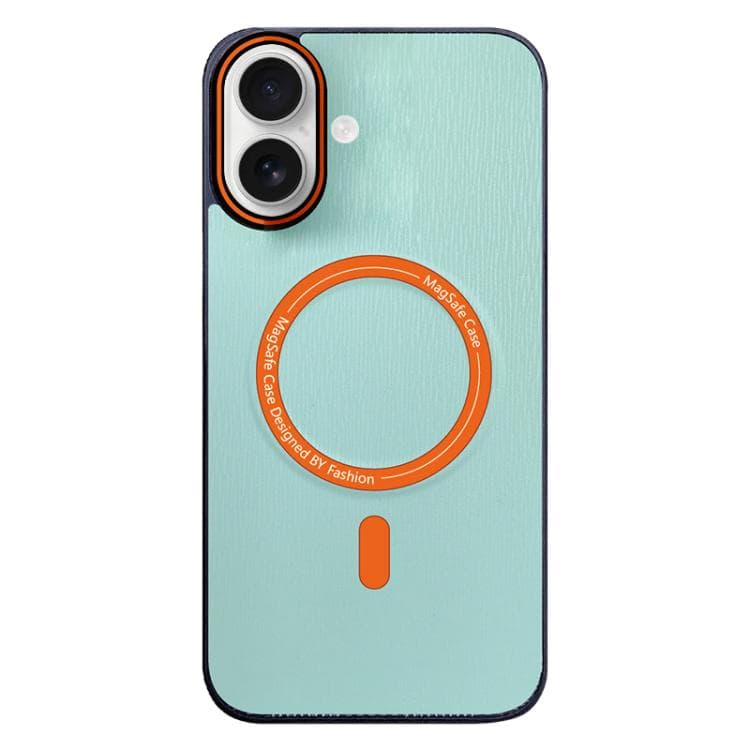 For iPhone 16 Contrast Color Imitation Wood Texture MagSafe Phone Case(Light Cyan) - Immagine 1