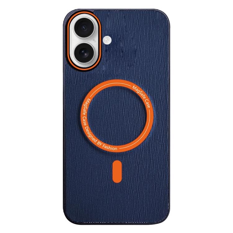 For iPhone 16 Contrast Color Imitation Wood Texture MagSafe Phone Case(Navy Blue) - Immagine 1