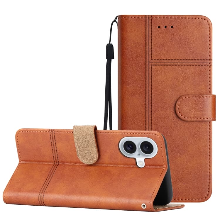 For iPhone 16 Cowhide Texture Stitching Leather Phone Case(Brown) - Immagine 1