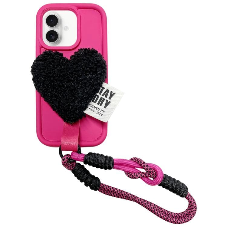 For iPhone 16 Creative Plush Heart Design Phone Case with Lanyard(Rose Red) - Immagine 1