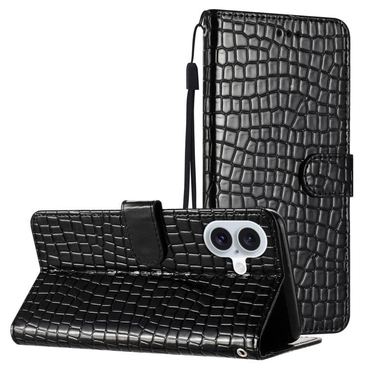 For iPhone 16 Crocodile Texture Horizontal Flip Leather Phone Case(Black) - Immagine 1