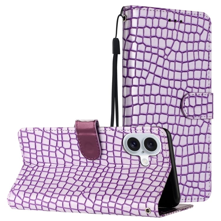 For iPhone 16 Crocodile Texture Horizontal Flip Leather Phone Case(Purple) - Immagine 1