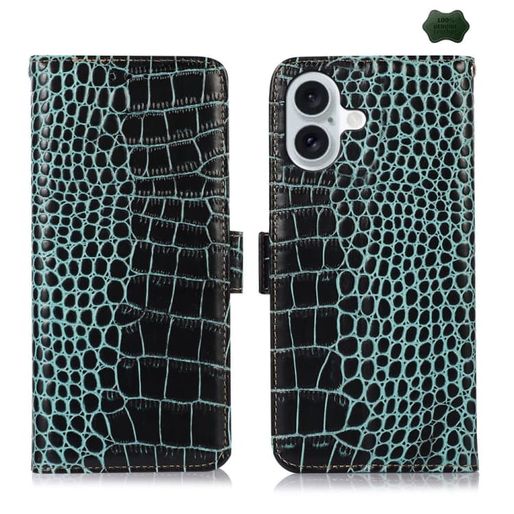 Fodero in pelle di coccodrillo per iPhone 16, strato superiore in pelle bovina (Verde) - Immagine 1