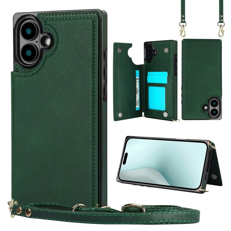 For iPhone 16 Cross-body Square Dual-Buckle Card Flip Wallet Phone Case(Green) - Immagine 1