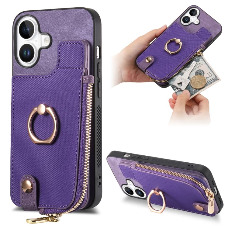 For iPhone 16 Cross Leather Ring Vertical Zipper Wallet Back Phone Case(Purple) - Immagine 1