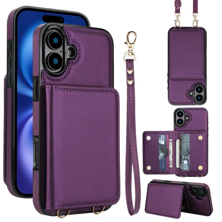 For iPhone 16 Crossbody Dual-buckle Wallet RFID Back Leather Phone Case(Dark Purple) - Immagine 1