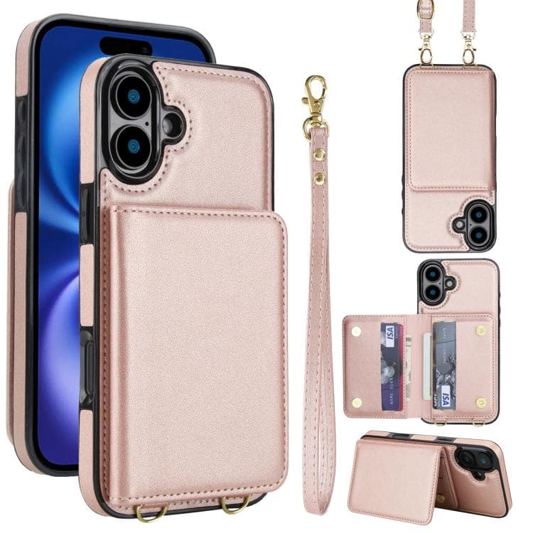 For iPhone 16 Crossbody Dual-buckle Wallet RFID Back Leather Phone Case(Rose Gold) - Immagine 1