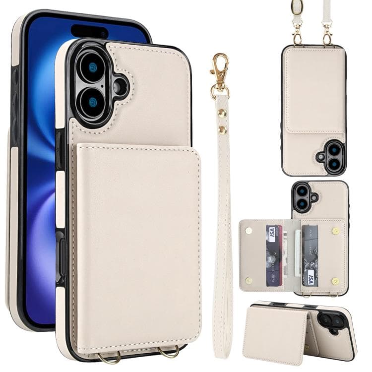 For iPhone 16 Crossbody Dual-buckle Wallet RFID Back Leather Phone Case(White) - Immagine 1
