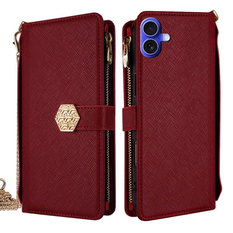 For iPhone 16 Crossbody Handle Cross Texture Leather Phone Case(Red) - Immagine 1